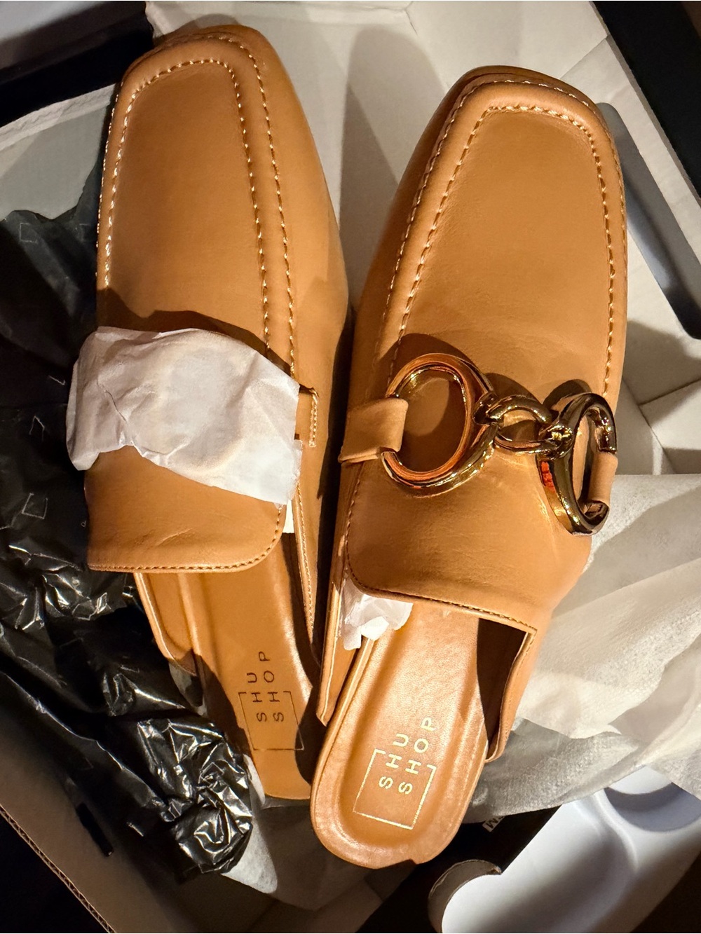 ShuShop Tan Leather Mule with Gold Link Accent